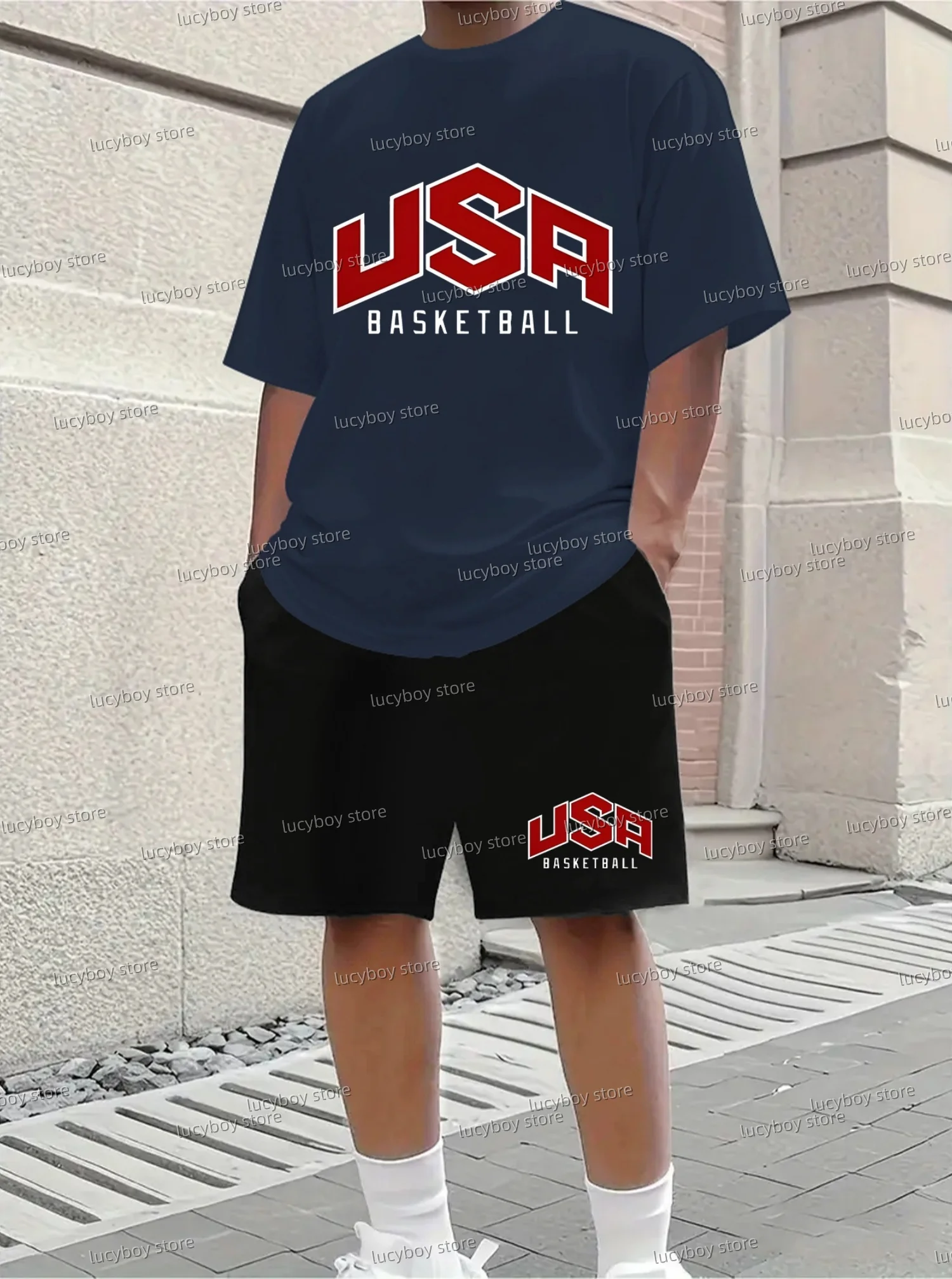 Summer Polyester USA Basketball Print Sport T-Shirt+Shorts Set Men Jogging Luxury Tracksuit Outfit 2 Piece Set Men Clothes