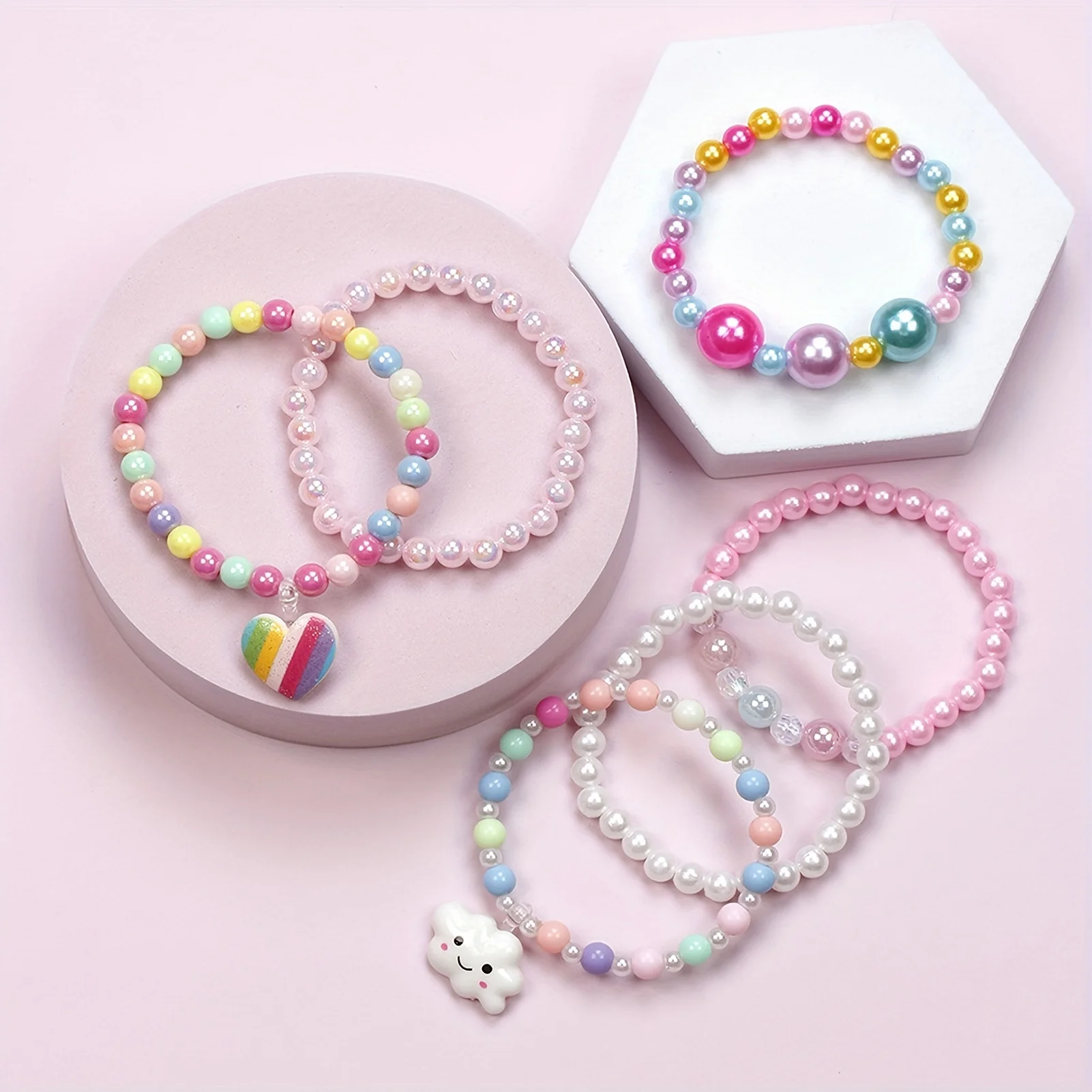 Colorful Acrylic Beaded Bracelet 6-Pack for Kids 3-12 - Rainbow Party Favors with Love Cloud Pendants, Ideal Gifts