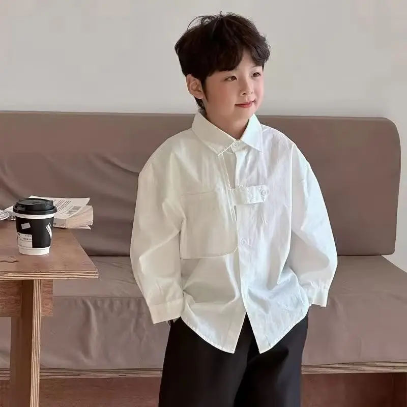 

Boys Long Sleeve White Shirt Spring Autumn Casual Fashionable Top Children's Outerwear