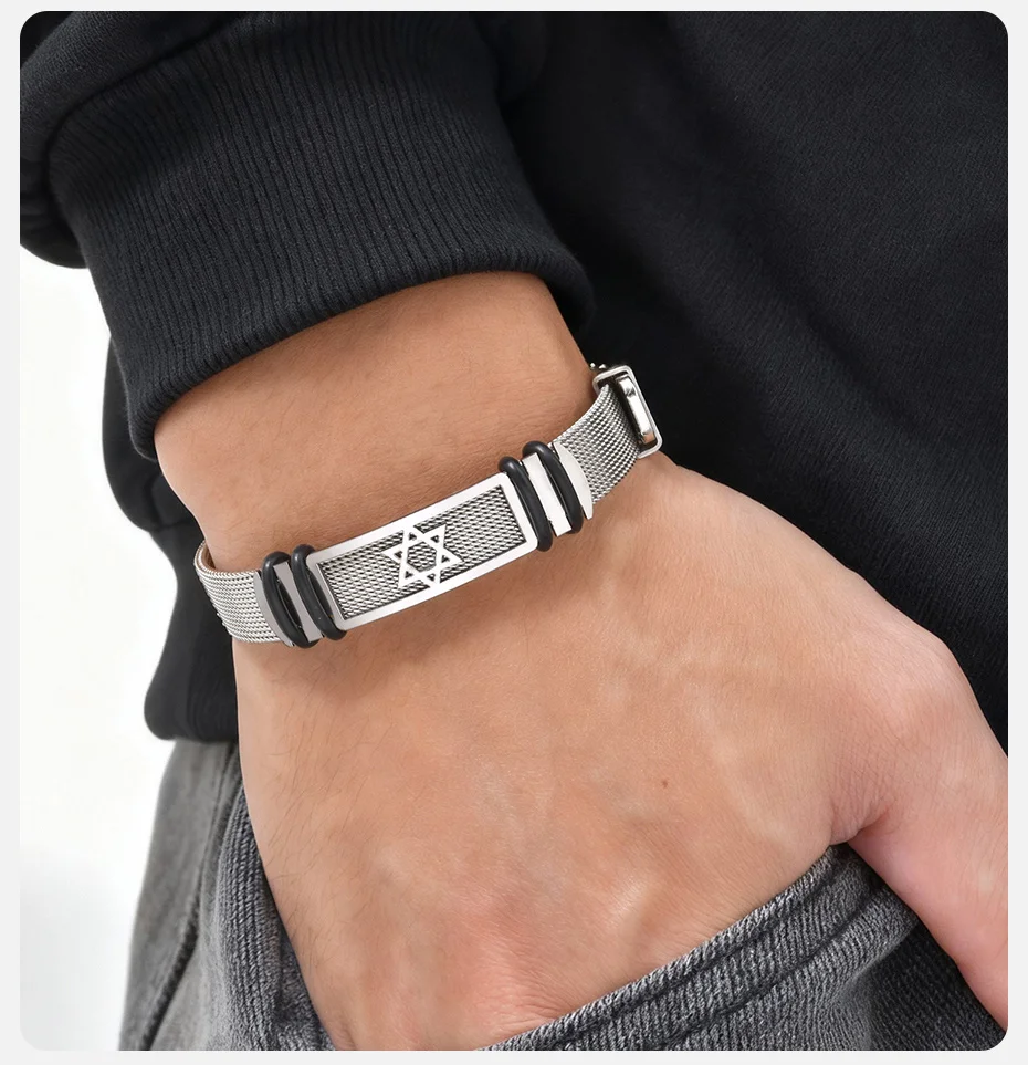 Vnox Edelstahl Hexagramm-Stern-Armband für Männer und Jungen, Stern-Mesh-Uhrenarmband, verstellbares Armband, Modeschmuck, Geschenk – Detail 3