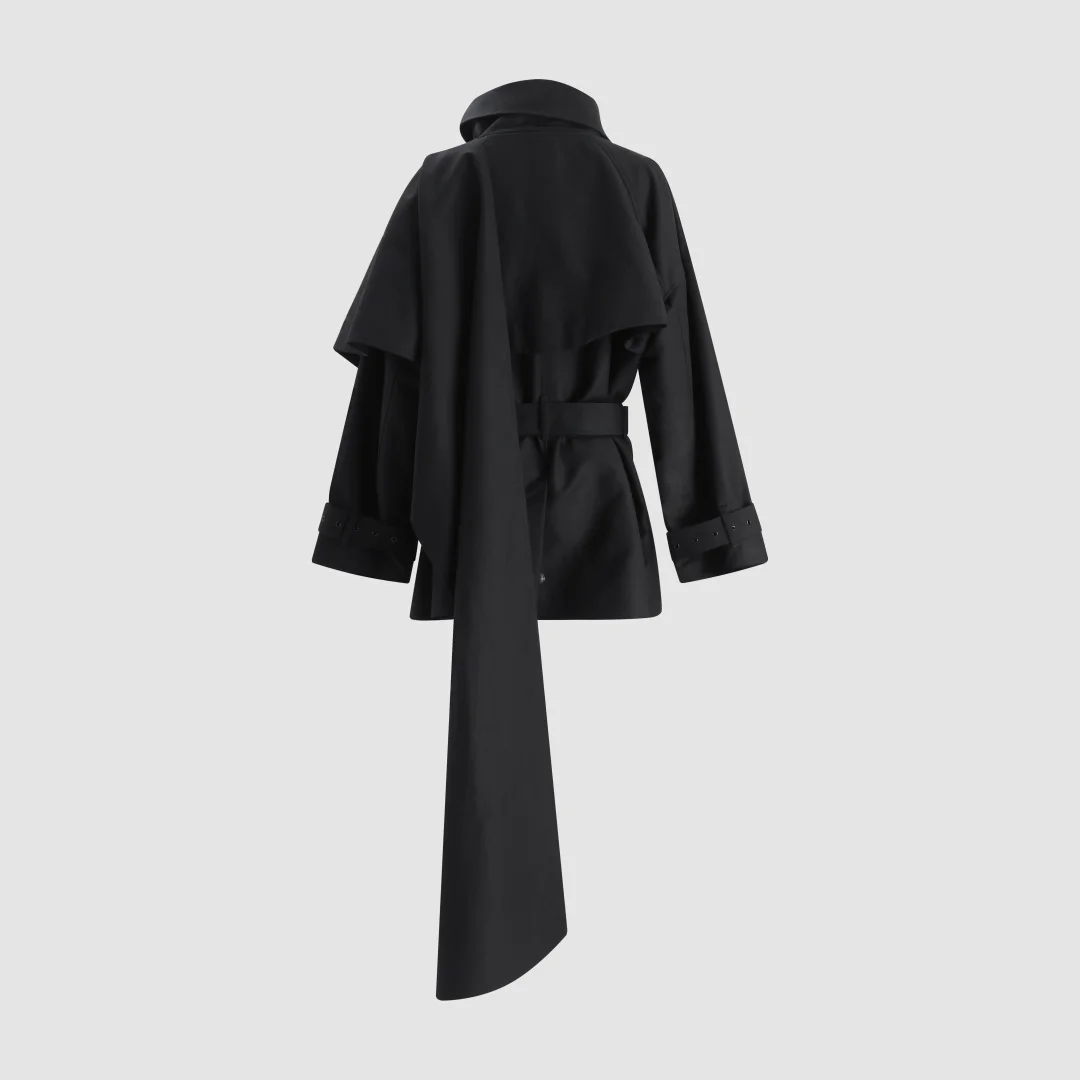 2026 Avant-Garde Cape-Sleeve Trench Coat – Black Belted Windbreaker with Asymmetric High Collar & Long Tie Waist