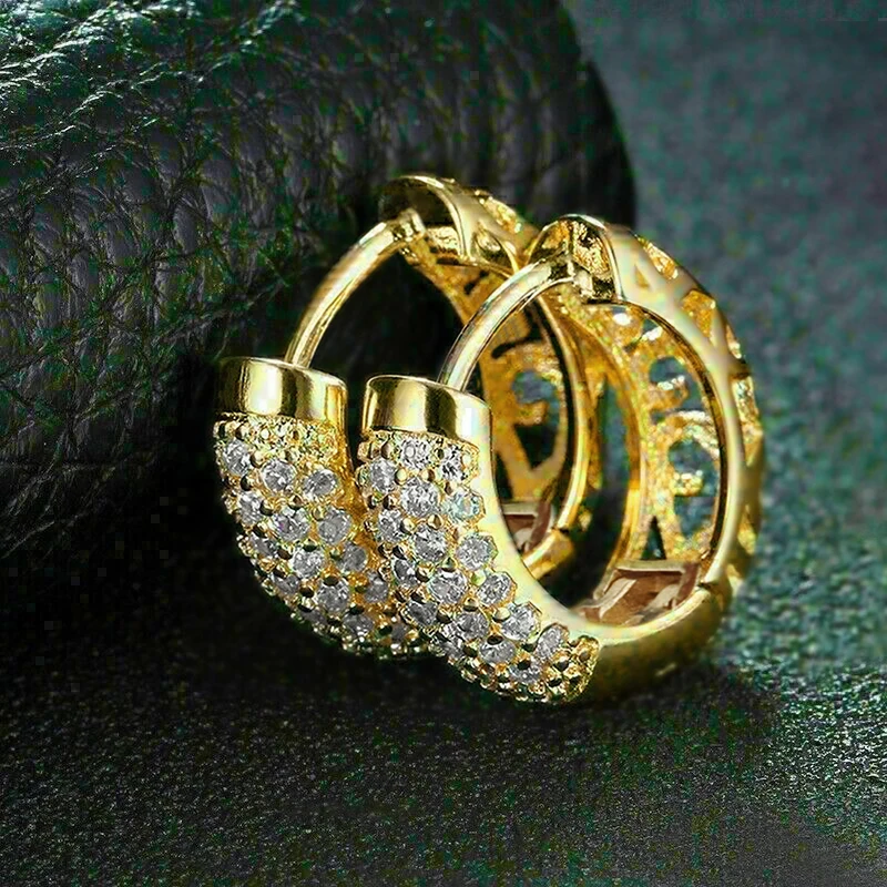 Huitan Gold Color Shiny Crystals Hoop Earrings for Women Fashion Luxury Accessories for Daily Life Hollow-out Design Jewelry