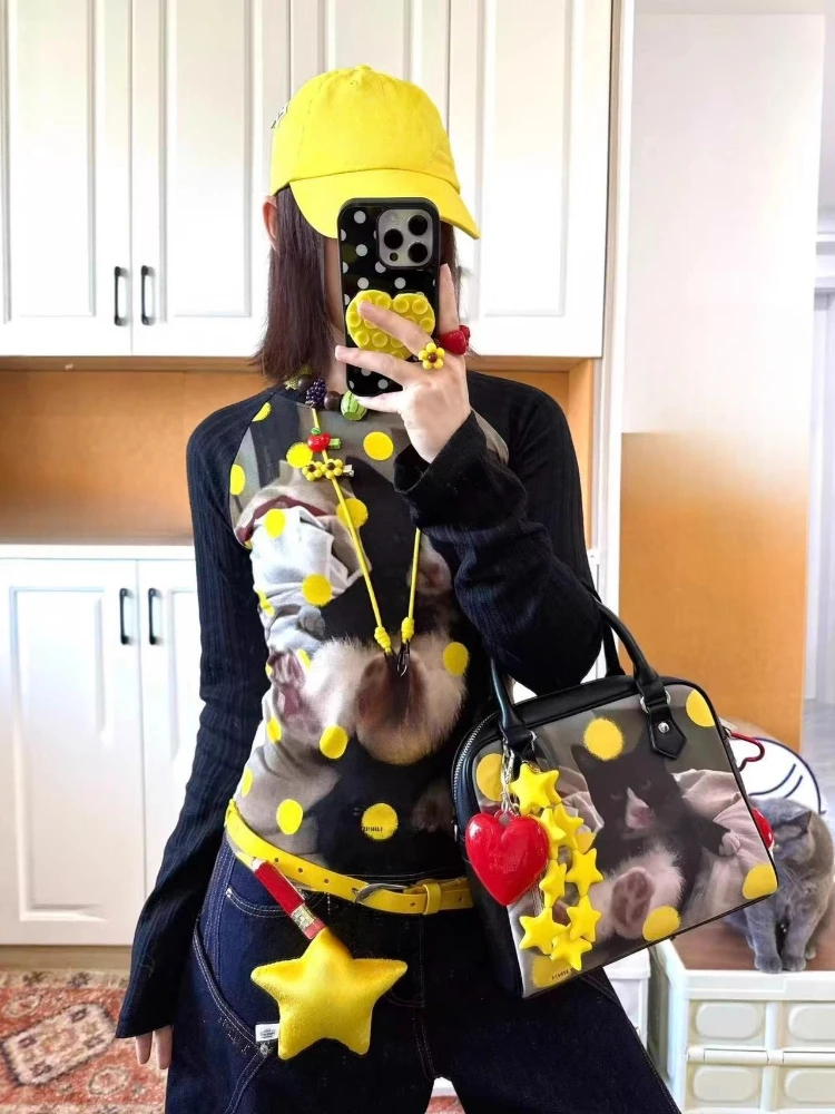 

Y2k Aesthetic Cartoon Printing Grunge Tees Streetwear Patchwork Casual Slim Fit T-shirt Harajuku Women Autumn Vintage Tshirts