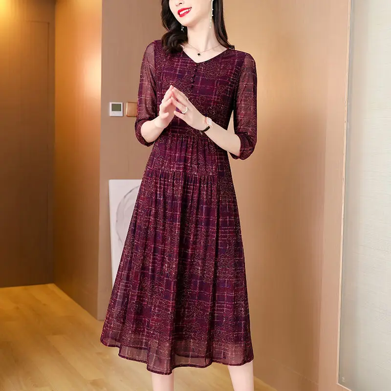 Vintage Casual Fashion High Waist Printed Dress Female Summer New Commuter Elegant Ladies Three Quarter Sleeve Slim Midi Dresses