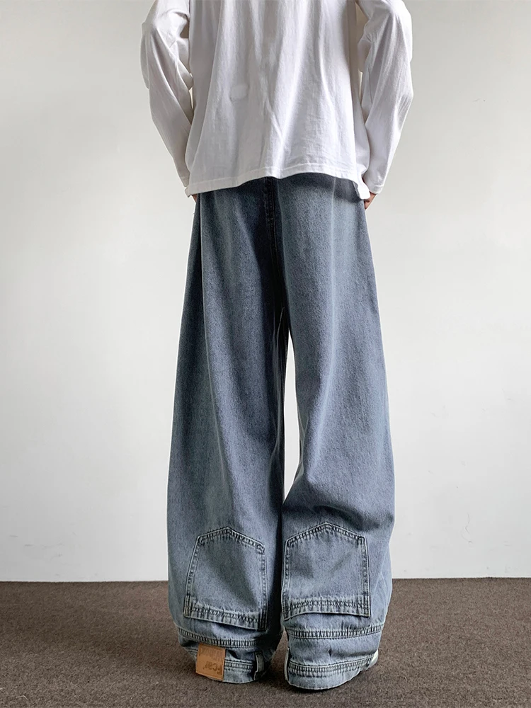 

Мужские джинсы оригинального дизайна в американском ретро-стиле, широкие, прямого кроя, повседневные, с застежкой-молнией на средней талии