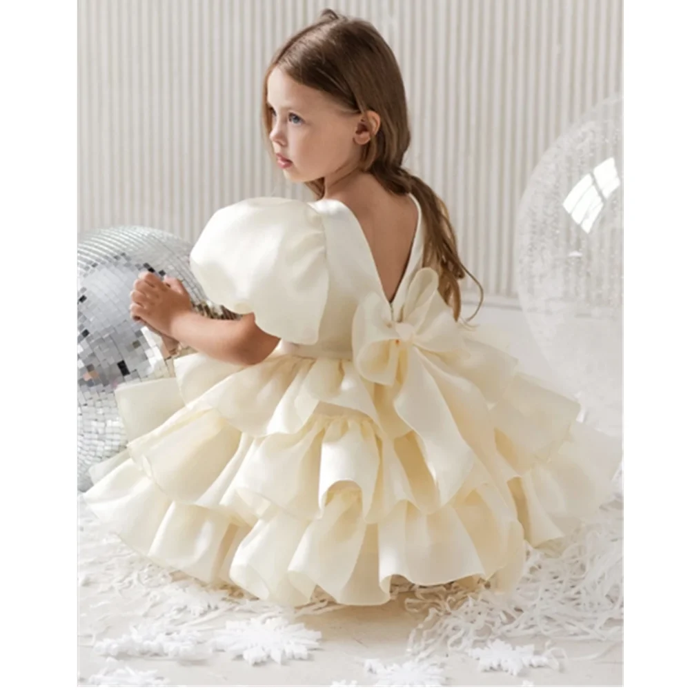 Flower Girl Dresses Beige Solid Tiered With Bow Short Sleeve For Wedding Birthday Party Holy Communion Gowns