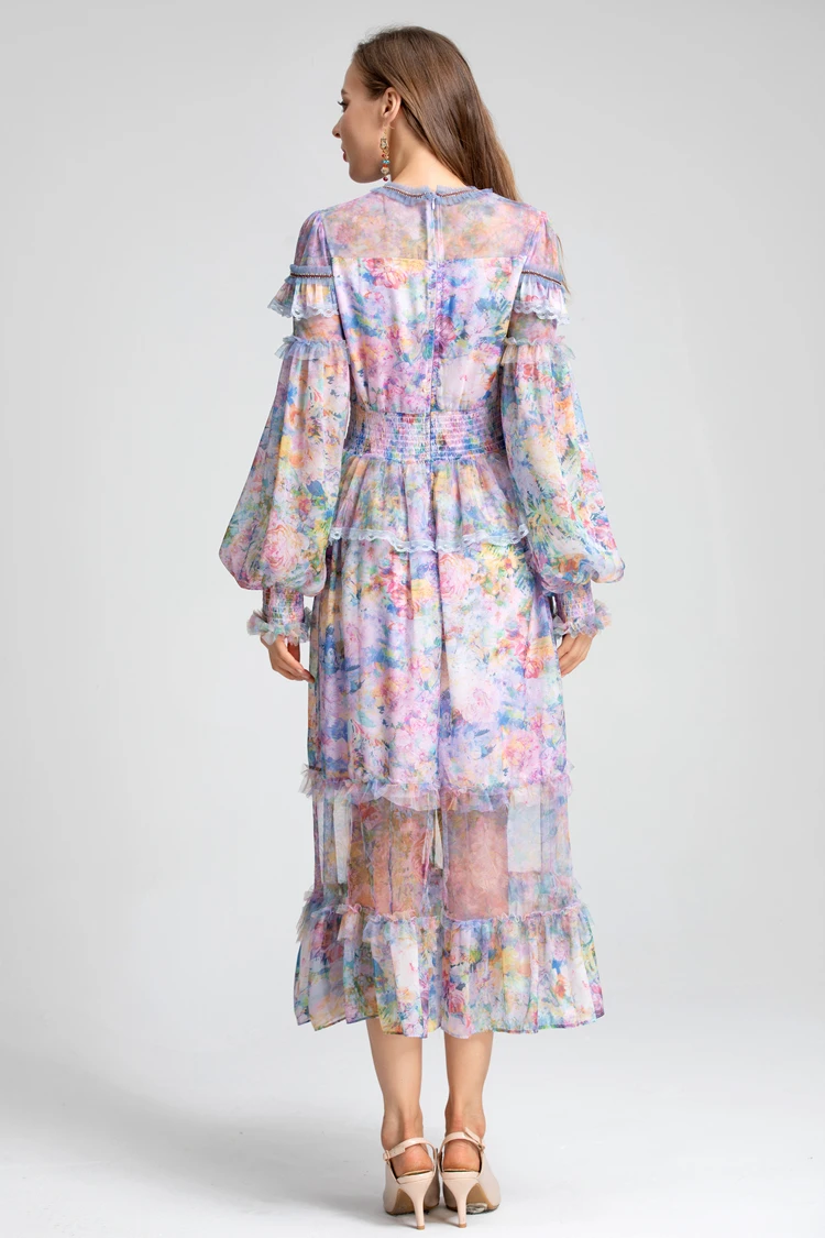 Robe col rond pour femmes, manches lanternes, à volants, imprimé Floral, élégante, Sexy, tenue de bal