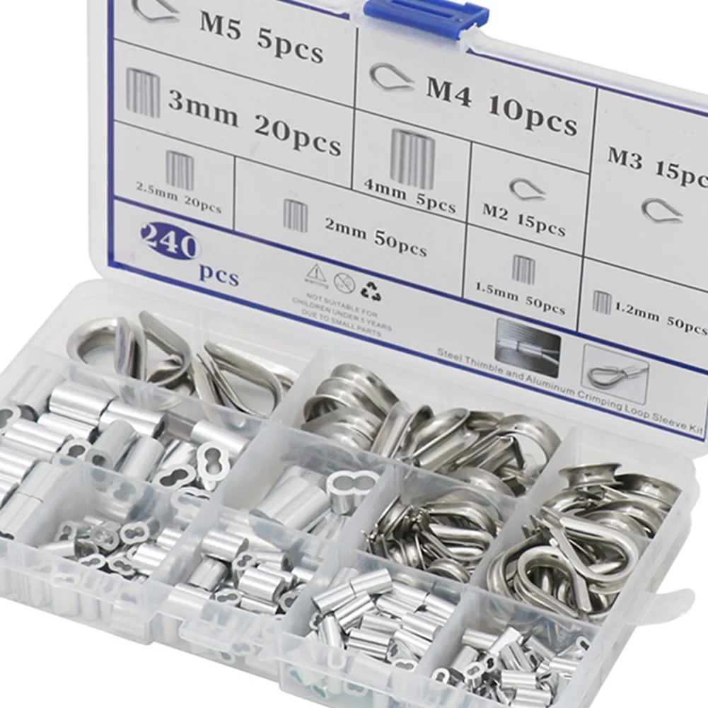 240PCS Crimping Loop Sleeve Kit Wire Rope Thimbles Set Aluminum Double Ferrule for Wire Rope Dog Leashes Clothes Lines