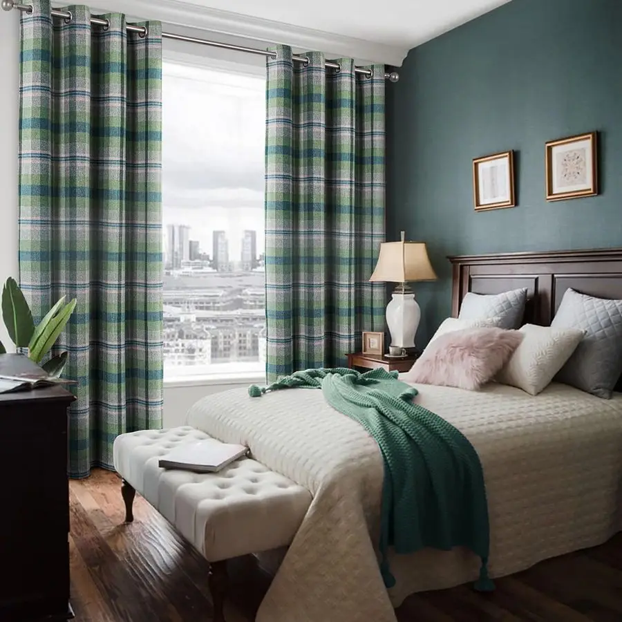 

Шторы из искусственной шерсти с узором в клетку, 100% затемняющие, в стиле высокогорный тартан, для гостиной и спальни, с люверсами, 2 панели, серые