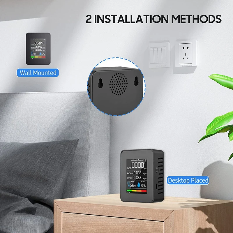 HOT-5 In 1 Air Quality Monitor TVOC HCHO Temperature Humidity CO2 Meter, USB Rechargeable CO2 Detector