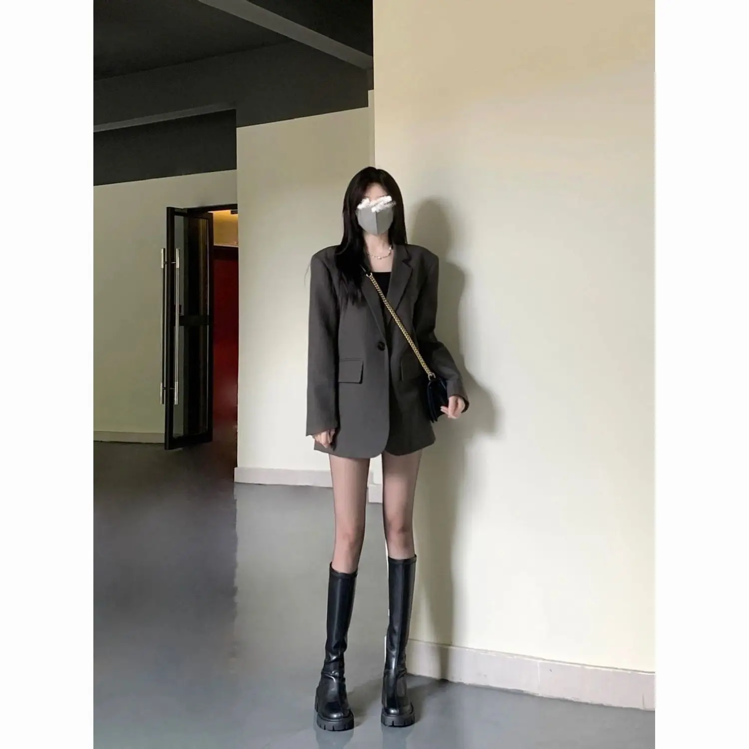 

Women Blazer Burgundy Printed Rolled Shoulder Pads Seven Quarter Sleeves Small Vintage Femalee Asymmetrical Design Lace-Up