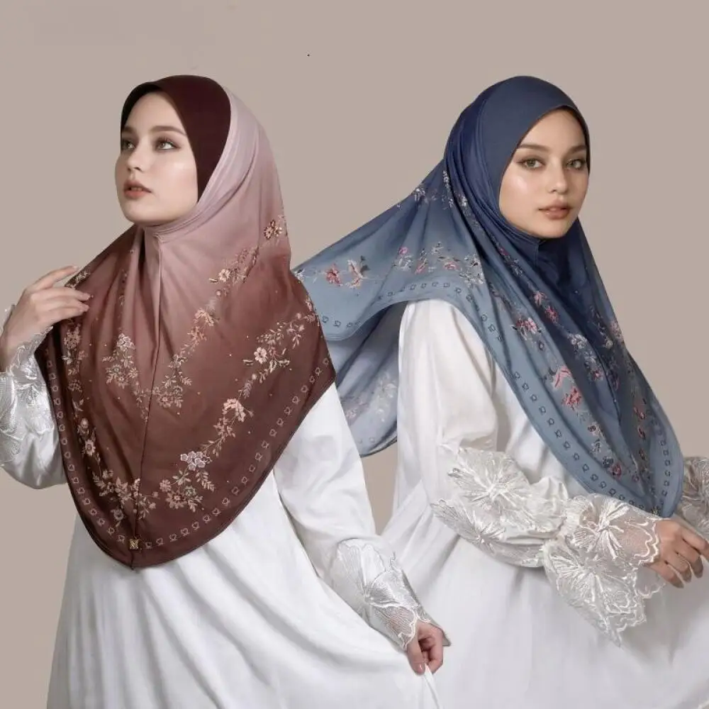 Hijab Scarf Long Chiffon Cotton Hoodie Shawl with Floral Organza Inner Set for Women Spring Summer Sunscreen Wrap