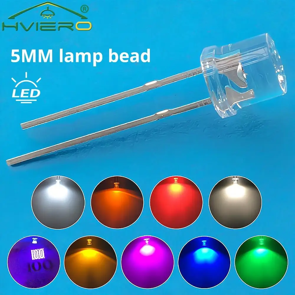 

100pc Min F5 5mm Flat Top White Red Pink Yellow Blue Wide Angle Light Diode Water Clear LED Bead Ultra Bright Bulb Emitting Lamp