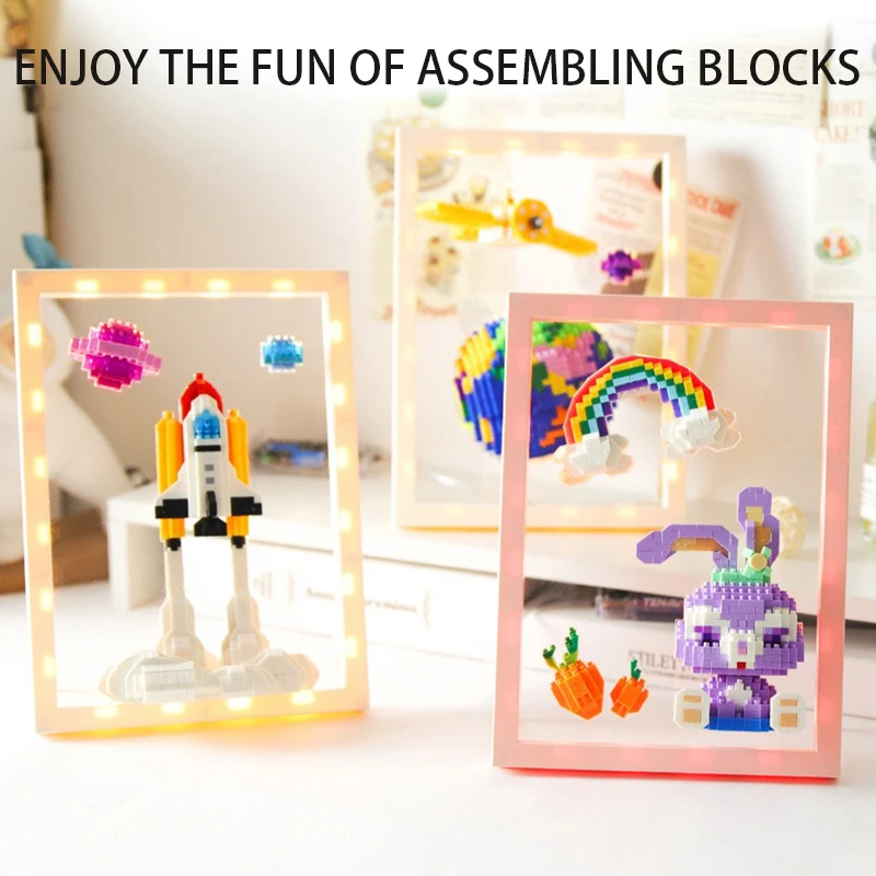 

DIY Luminous Photo Frame Diamond Small Particle Building Blocks Rabbit Astronaut Earth Space Shuttle Kid Gift Desktop Ornaments