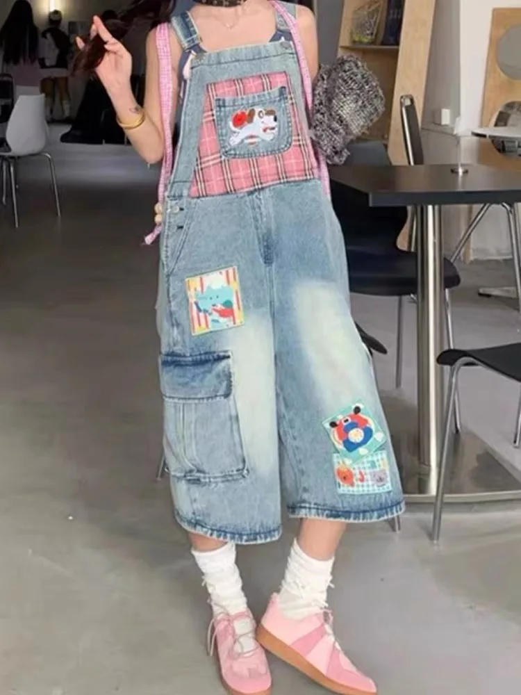 

Sweet Cool Spicy American Sle Cartoon Patchwork Denim Overalls Women Summer New Loose Wide Leg Seven Pants