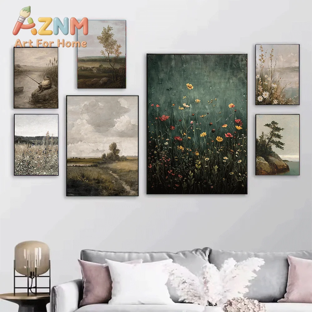 Vintage Wildflower Landscape Canvas Print, Retro Countryside Scenery Floral Oil Painting Art Poster, Frameless Canvas Wall Pic