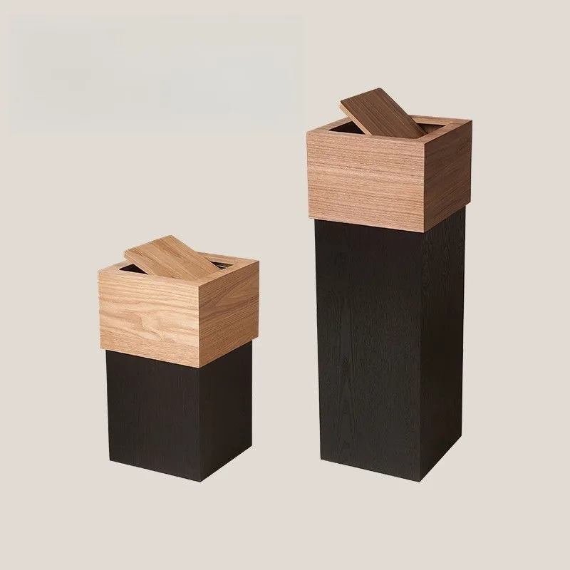Wooden Waste Bins Lidded Wastebasket Anti Odor Dustbin Lid-swinging Waste Bins Living Room Trash Can Household Cleaning Tools