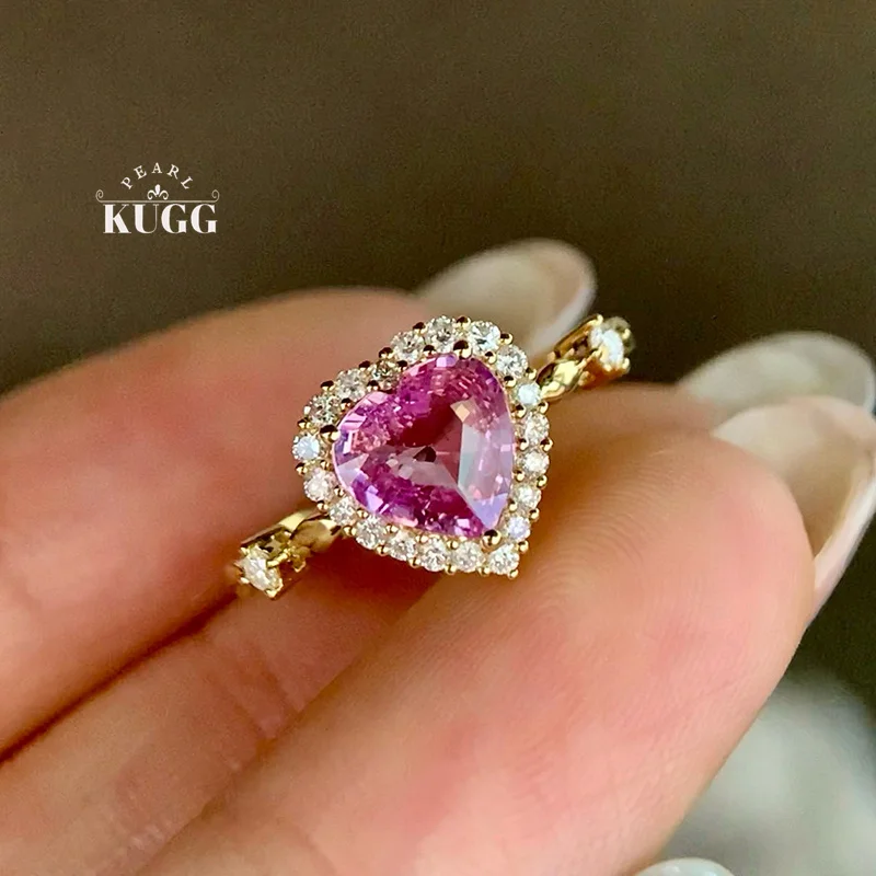 

KUGG 100% 18K Yellow Gold Rings Luxury Romantic Style Shiny Diamond Natural Padparadscha Sapphire Ring for Women Fine Jewelry