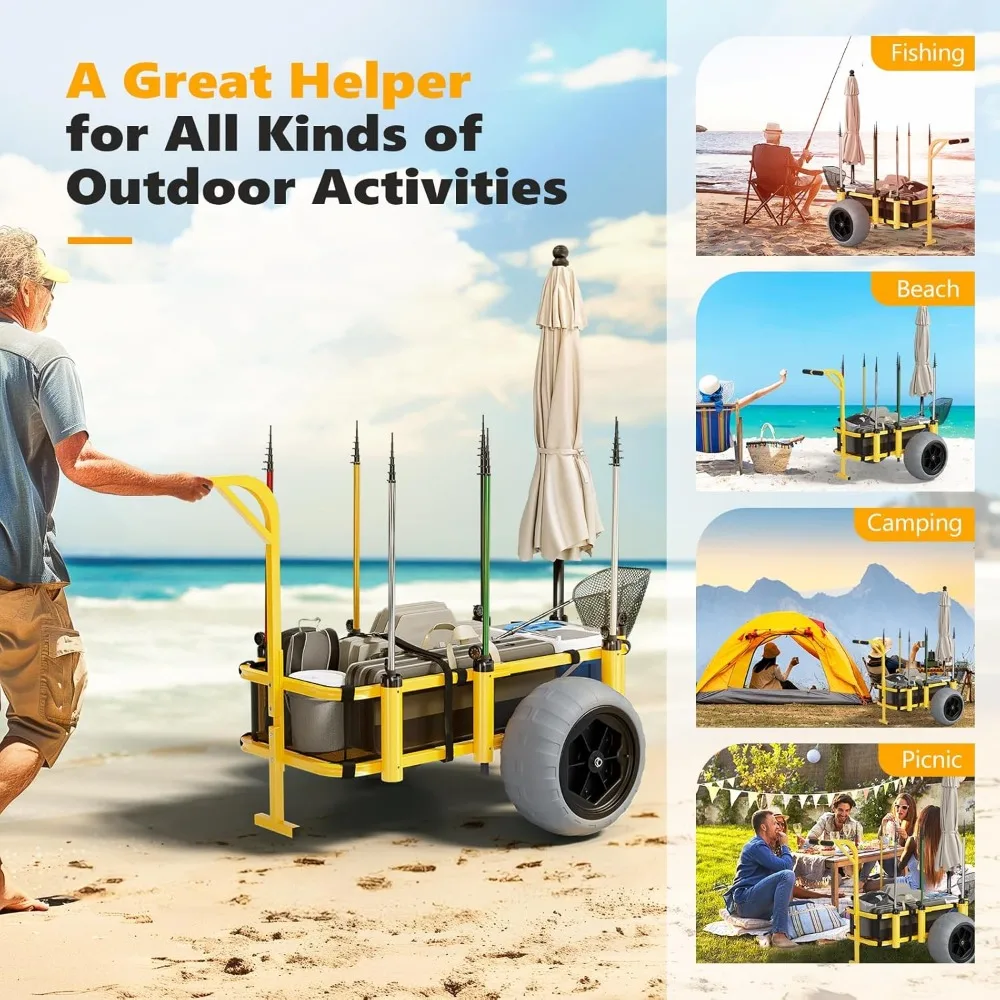 Carro de playa de pesca con 16 ruedas de globo grandes para arena, capacidad para 400 libras, 8 asientos de pesca, carro resistente