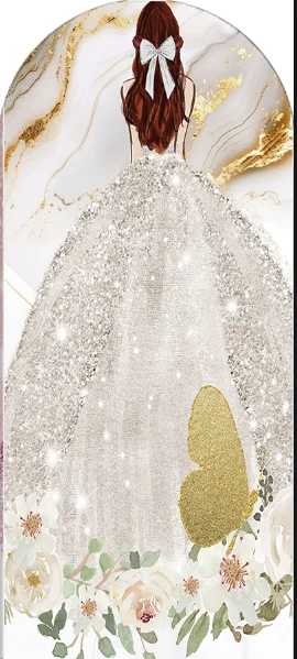 LS Quinceanera Girl Arch Backdrop Cover Princess 15th Birthday Dress Shiny Golden Butterfly Photography Background Photo