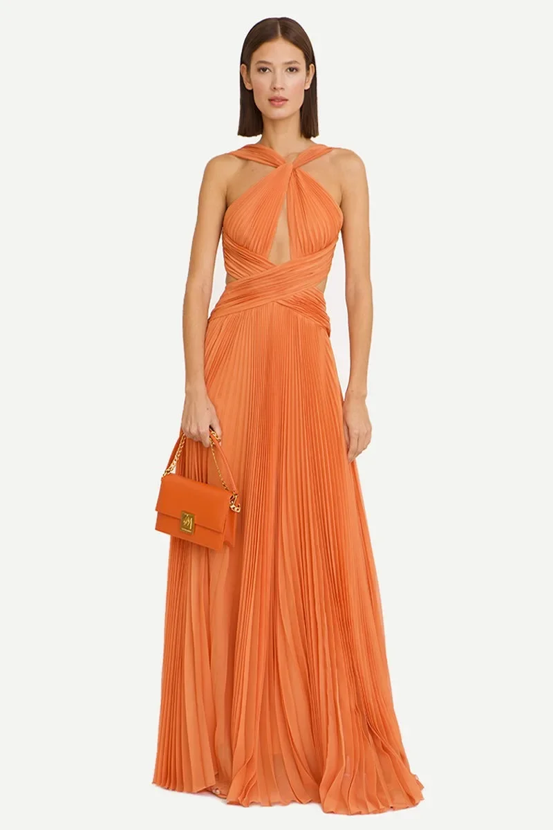 Elegantes vestidos de noche largos de color naranja con cuello halter, plisados, corte en A, tul, hasta el suelo, vestidos de fiesta para mujer