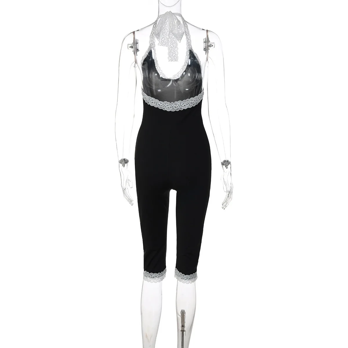 Damen-Jumpsuit mit Spitzenbesatz, Neckholder, V-Ausschnitt, ärmellos, Capri-Overall, figurbetont, schmale Passform, Y2K-Streetwear, neuer Sommer-Einteiler-Bodysuit – Detail 7