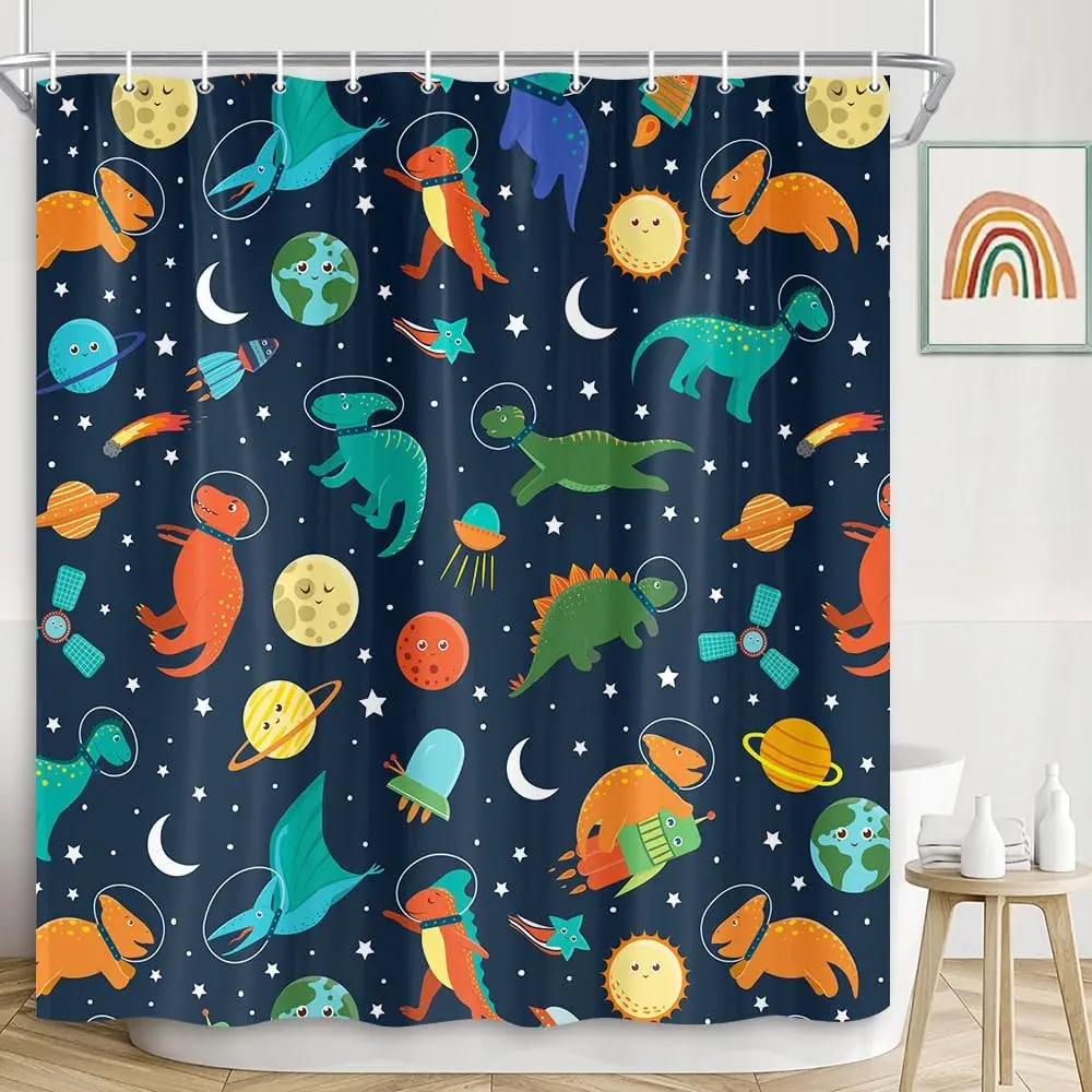 

Dinosaurs Shower Curtain for Kids Bathroom, Cute Dinosaur in Blue Outer Space Funny Cosmos Space Shower Curtain for Children
