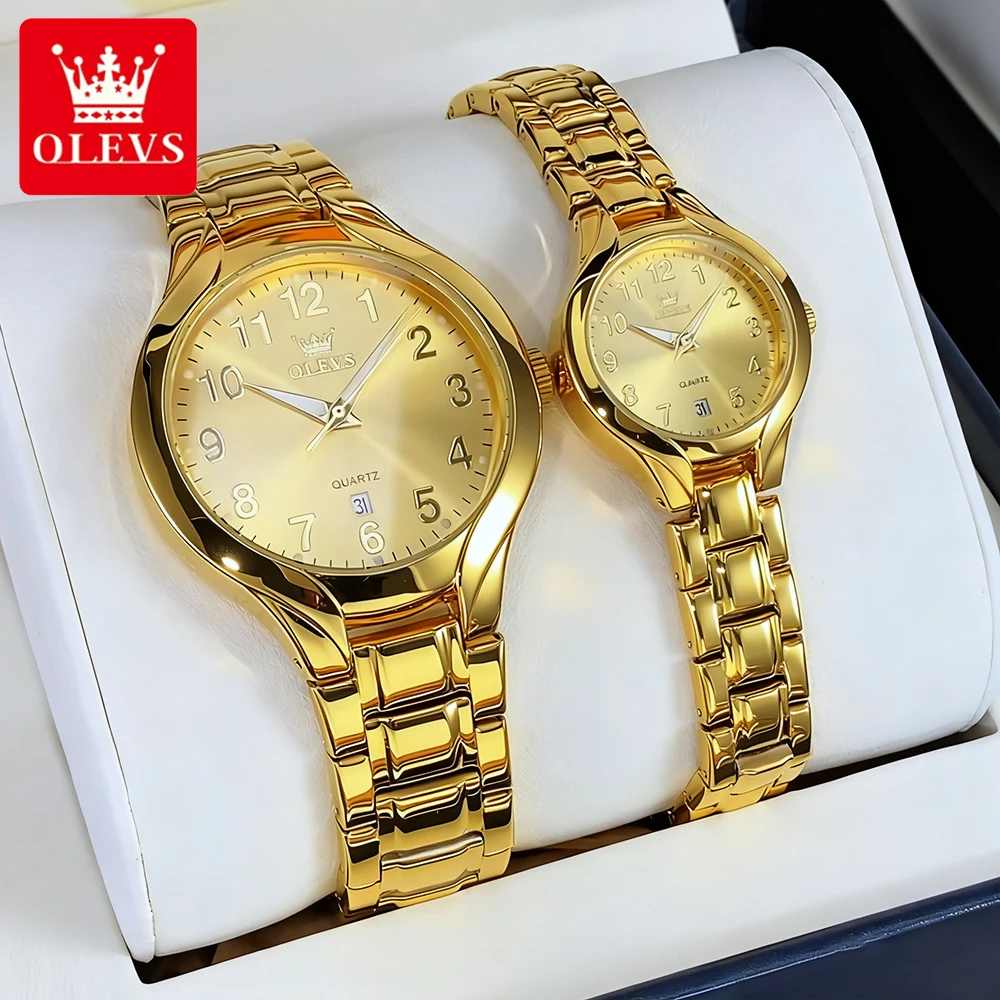 OLEVS Couple Watches Luxury Fashion Gold Fine Steel Original Quartz Wristwatch Waterproof Luminous Date Man and Woman Watch New