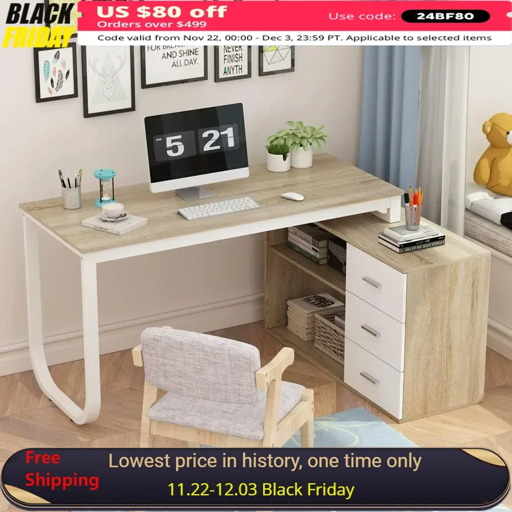 

55 Inch Computer Desks, Corner Desk with 3 Drawers and 2 Shelves, L-Shaped Office Desk