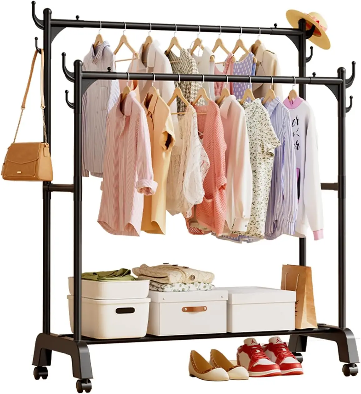 

Двухсторонняя металлическая вешалка для одежды — портативная, гладкая черная подставка для одежды, пальто, платья (спальня, прачечная, гостиная)