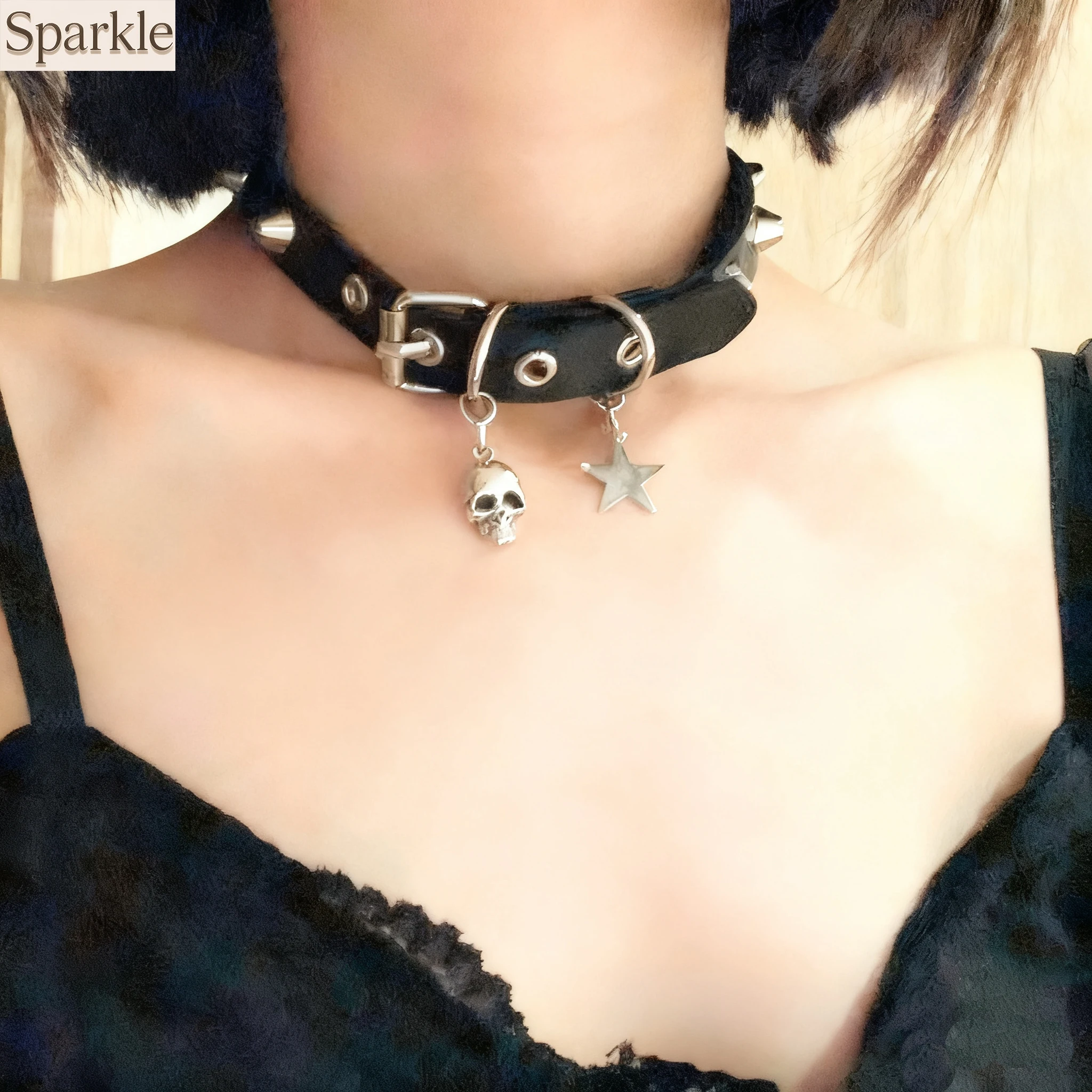 Punk Rock Y2K Leather Choker Necklace Spiked Collar Skull Star Pendants Street Style Neckband for Spicy Girls Necklace Jewelry