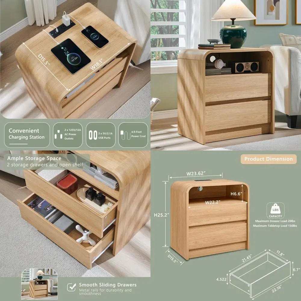 منضدة حديثة 25 مرتفعة مع قاعدة شحن، طاولة جانبية خشبية واسعة 23.6، درجين، طراز منتصف القرن، حواف منحنية، بلوط طبيعي