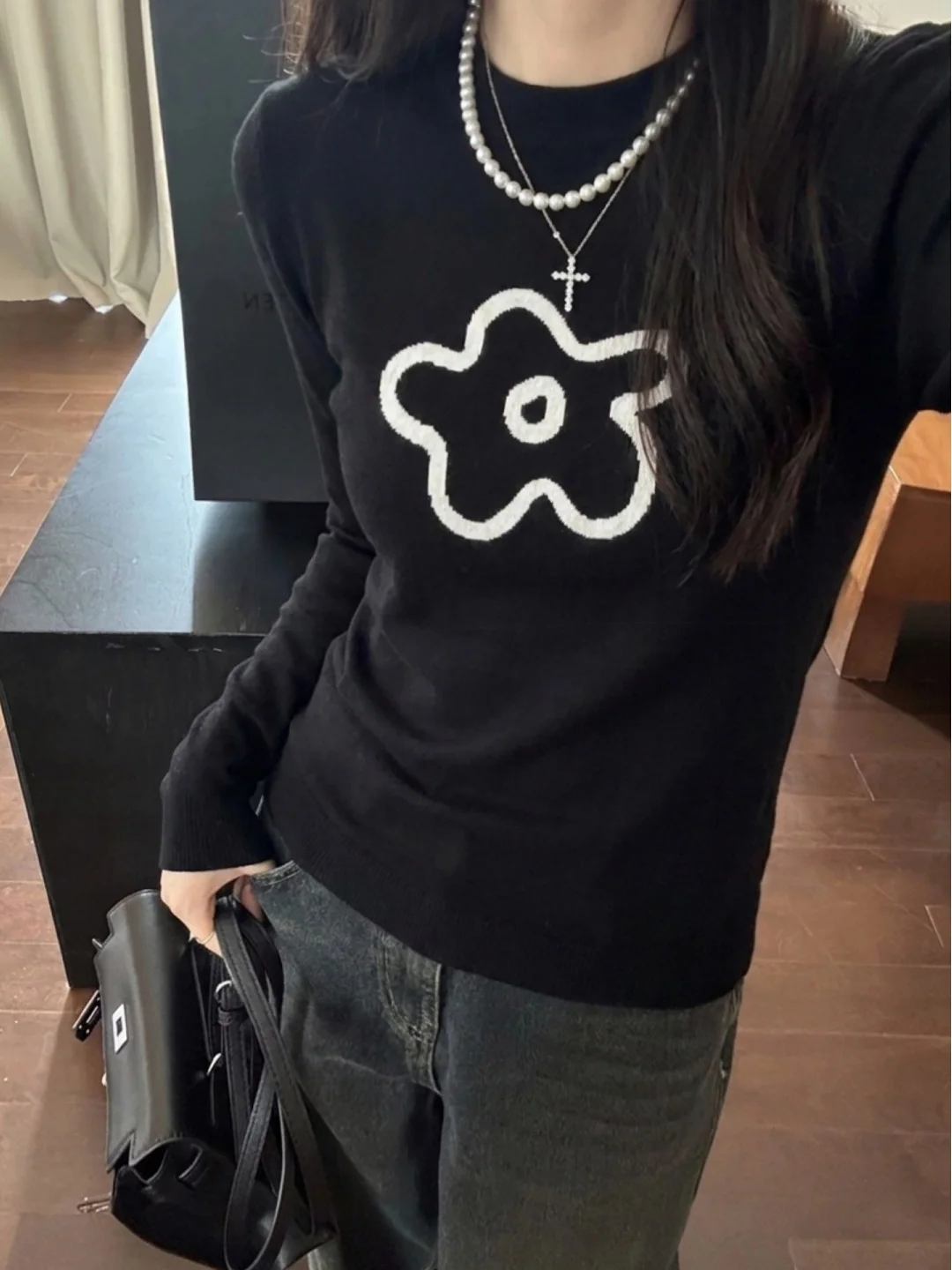 Black Floral Half High Collar Long Sleeve Knitted Sweater Women's Slim Fit Base Layer Top Korean Style Commute Simple Casual