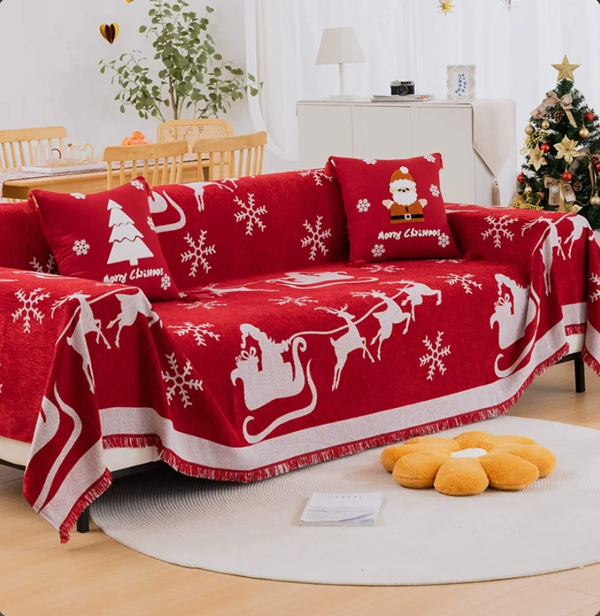 Christmas Sofa Cover Throw, Holiday Home Decoration, Chenille American Vintage Red Full Cover Sofa Slipcover Furniture Protector