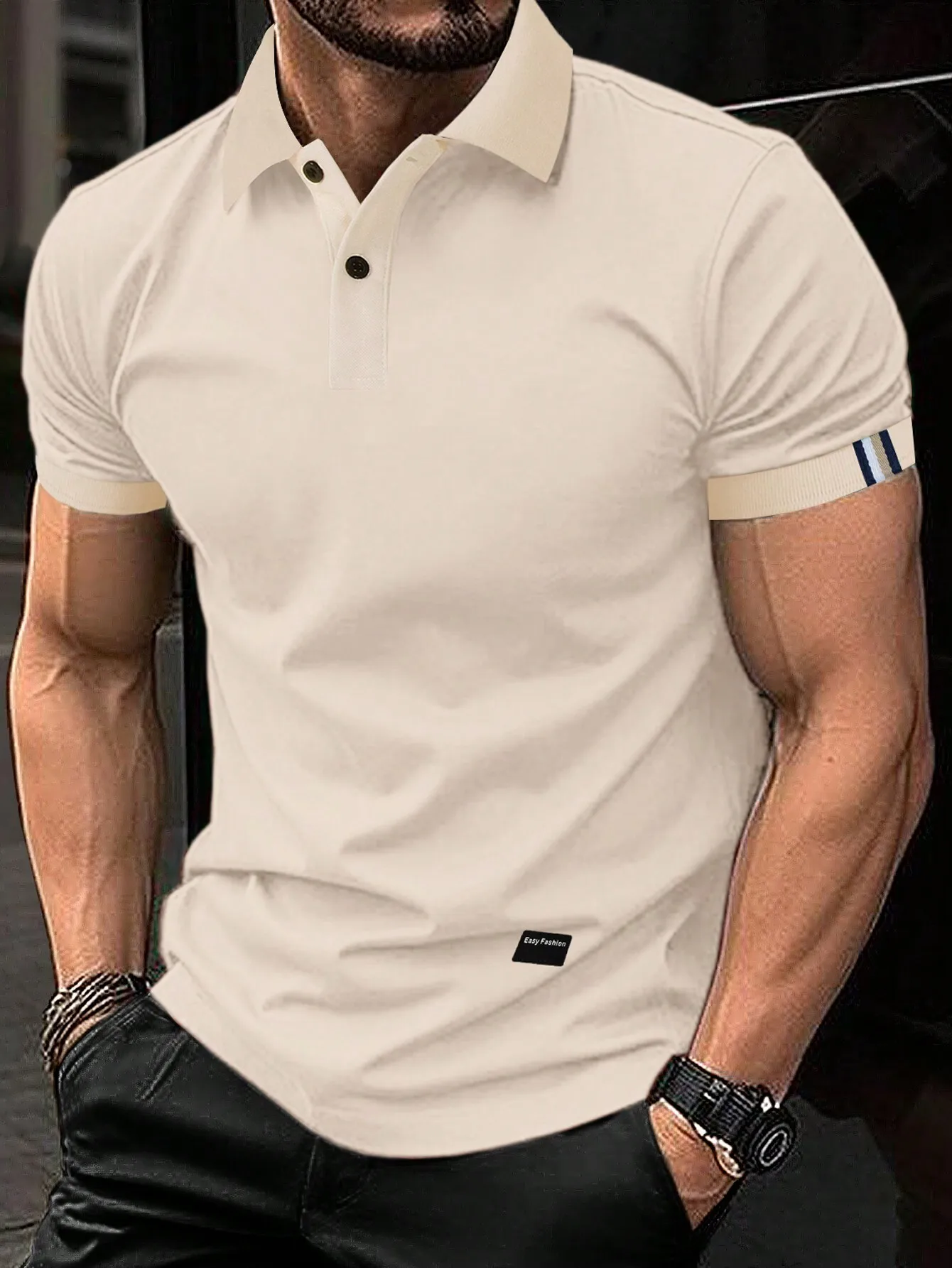 

Men's Beige Polo Shirt with Contrast Sleeve Trim, Casual Short Sleeve
