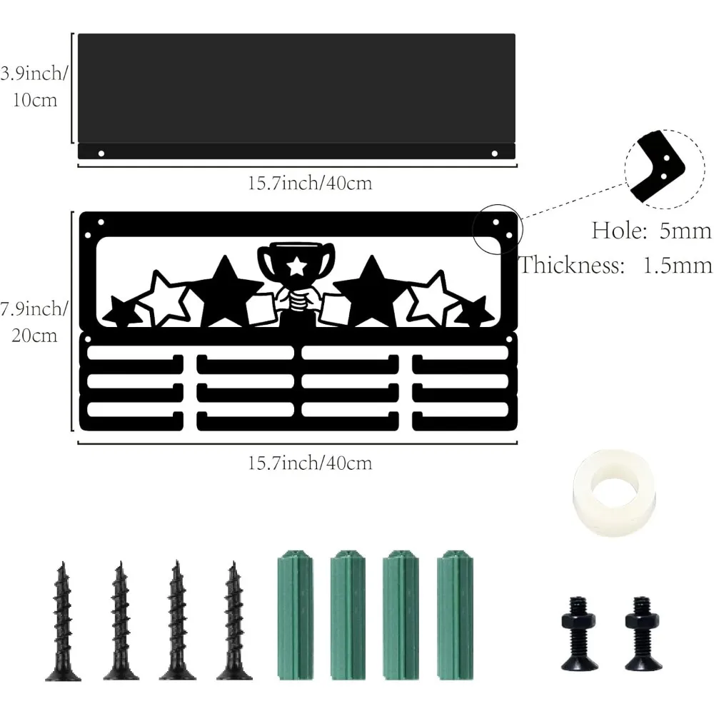 Rectangle Iron Medal Hanger Holder with Screws & Anchor Plug & Nut & Shim Ring Trophy 200x400mm & 100x400x15mm
