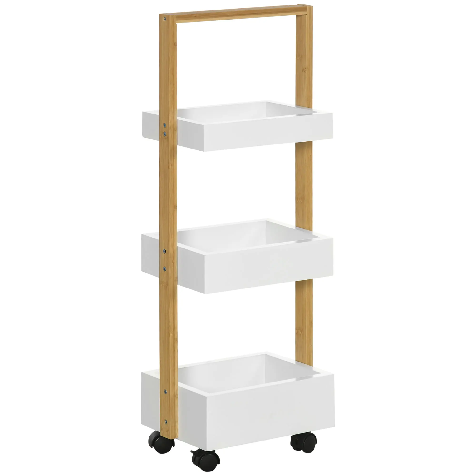 HOMCOM Bamboo Storage Cart Wheels Auxiliary Cart Kitchen Cart with 3 Baskets and Handle for Living Room Bathroom 28x18x75 cm Natural White