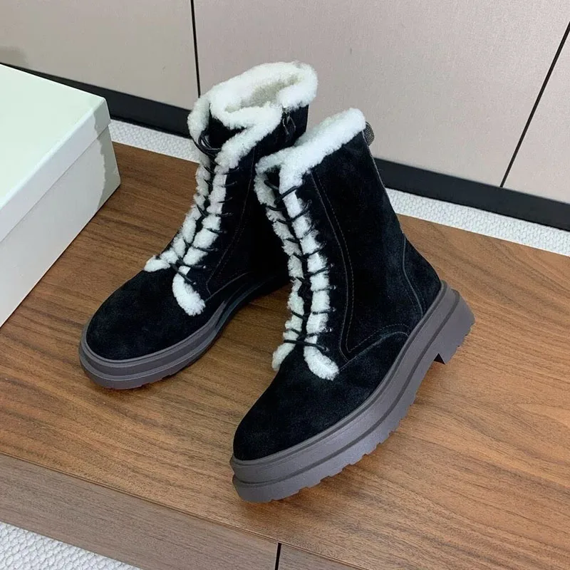 Motorcycle Boots Cow Suede Plush Lining Keep Warm Short Boots  Women's Winter Retro Round Toe Lace-up Thick Bottom Ankle Botas