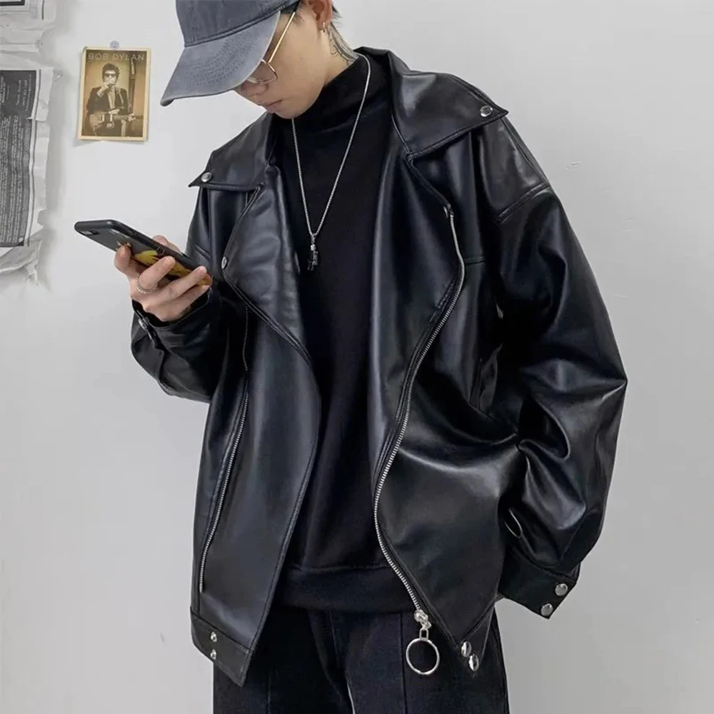 Mens Pu Leather Jacket Rivets Casual Pu Jacket Streetwear Fashion All-Match Youth Trend Campus Long-Sleeved Top Men'S Clothing