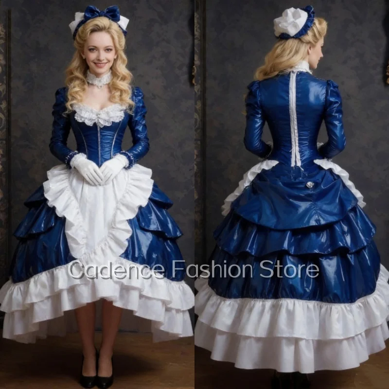 Medieval Victorian Ball Gowns Marie Antoinette Blue Evening Dresses Stage Costumes Cascading Ruffle Formal Banquet Customizd
