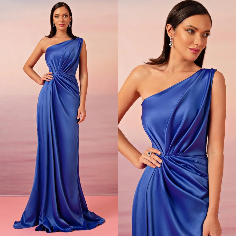 

Классические синие атласные вечерние платья по индивидуальному заказу, мягкие платья без рукавов на одно плечо для выпускного вечера, темпераментное платье Vestido De Festa