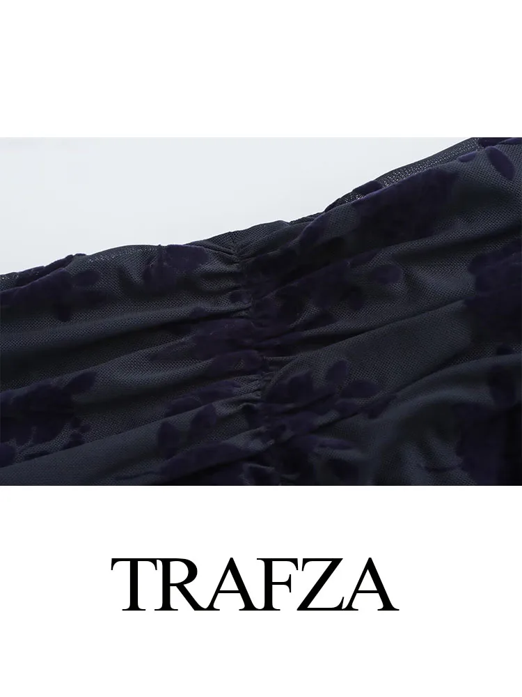 TRAFZA Elegant Woman Texture Street Style Skirt Women High Waist Flocking Asymmetrical Fold Decorate Chic Slim Long Skirt Mujer