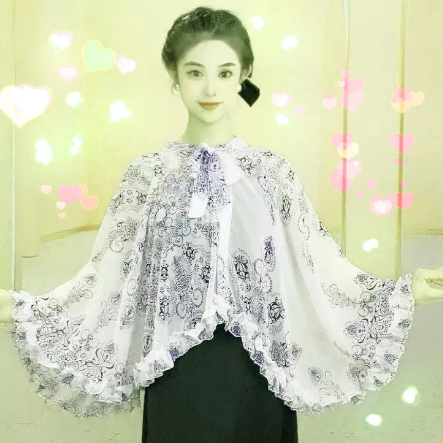 

2025 Thin Print Sunscreen Shawl Women Summer UV Protection Riding Sunscreen Cloak Lady Poncho Capes Black