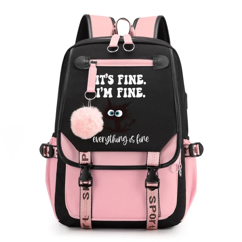 

Kawaii Backpack Mochila Funny Cat It's Fine I'm Fine Everything Is Fine Print Anime School Bag for Women Teenager Laptop Bagpack