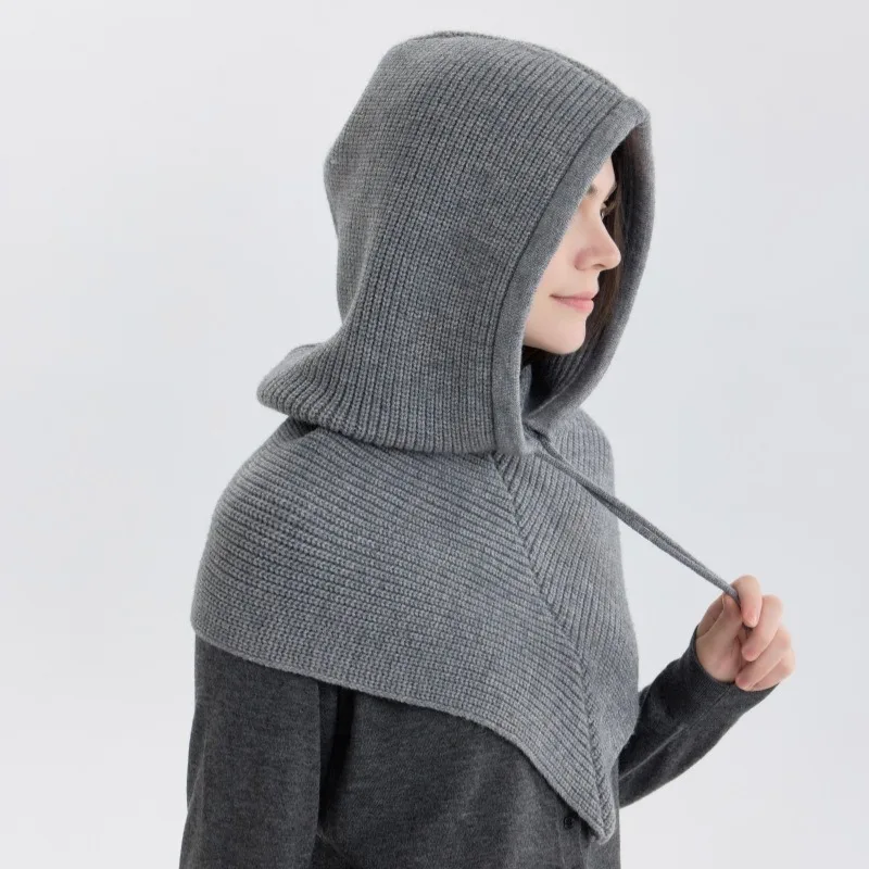 Neue einfarbige, einfache gestrickte Balaclava-Mütze mit Schal, Winter-Zwei-in-Eins-Mütze mit Kordelzug, warme Nackenschutz-Beaniemütze für Damen. – Detail 5