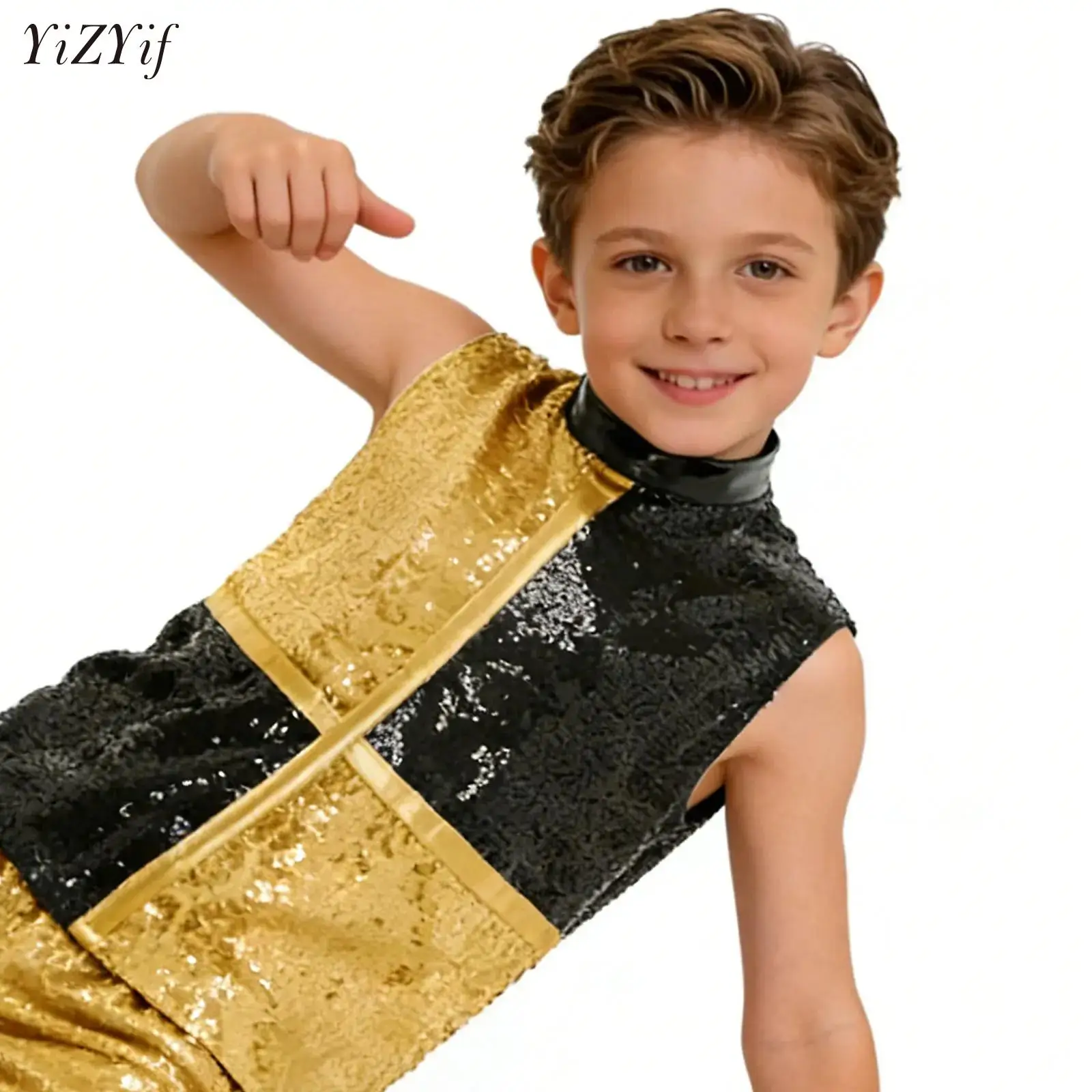 

Kids Girls Boys Disco Party Vest Gymnastics Acrobatics Dance Top Sequins Color Block T-shirts 60s 70s Jazz Hip Hop Dance Costume