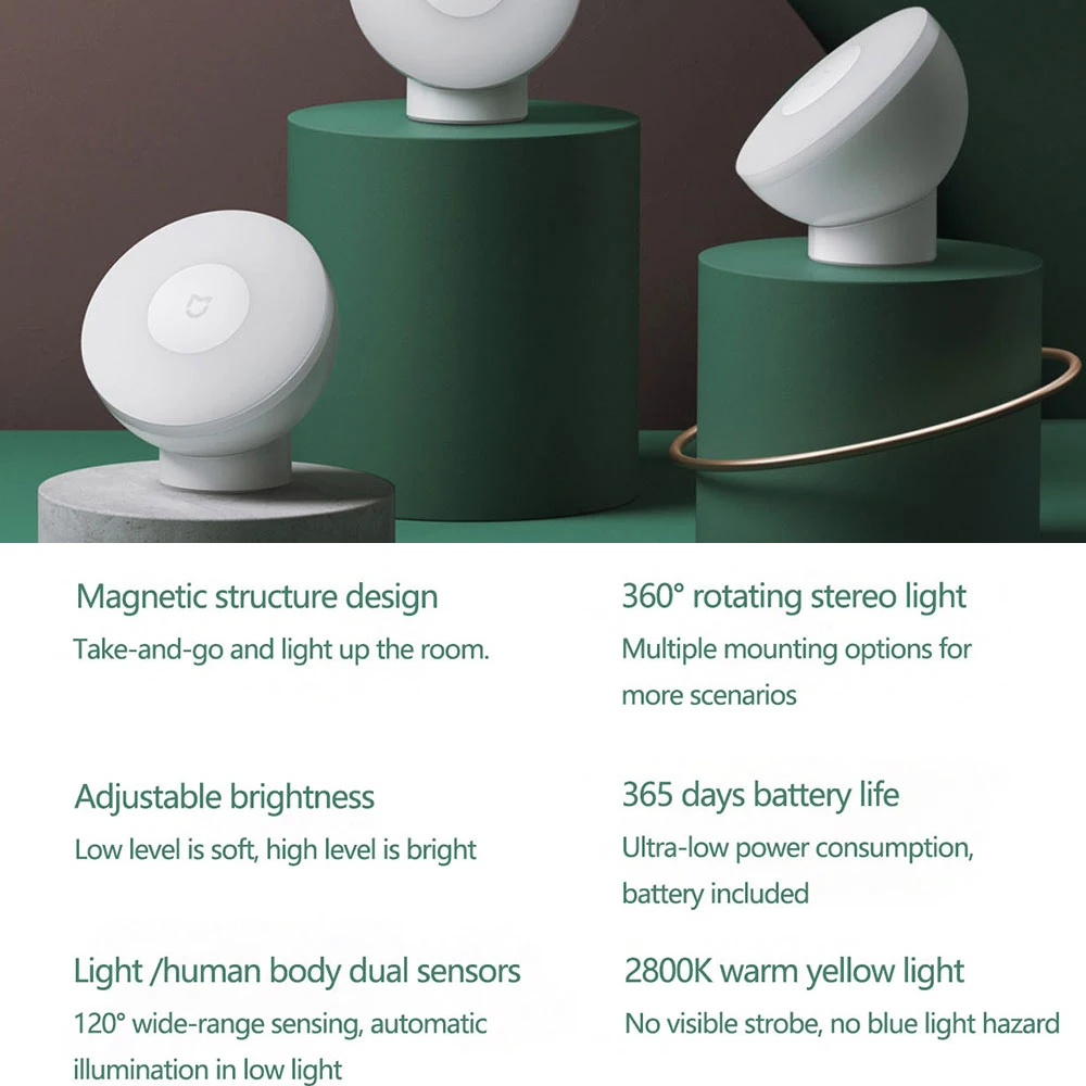 Mijia Night Light 2 Version Motion Sensor Adjustable Brightness Smart Human Light Sensor Night Lamp Bedroom