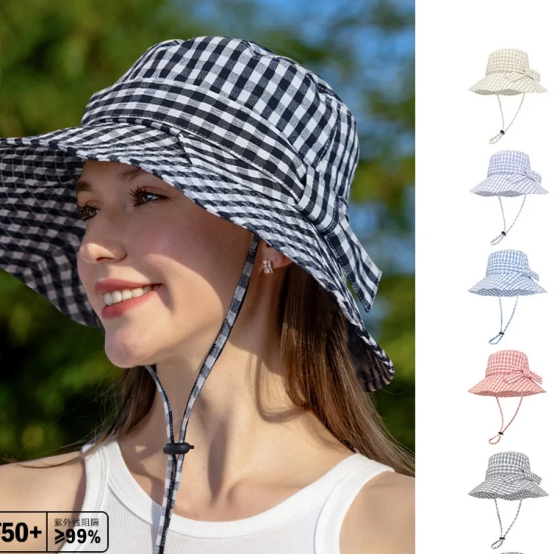 Summer Fashion Big Brim Sun Protection Versatile Show Face Small Women's bow design Cap black and white Plaid Bucket Hat