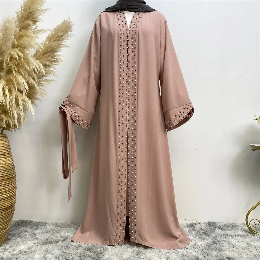 Solid Open Abaya Dubai Turkije Moslim Vest Kaftan Kralen Lace-up Jurken voor Vrouwen Casual Kimono Femme Caftan Islam kleding