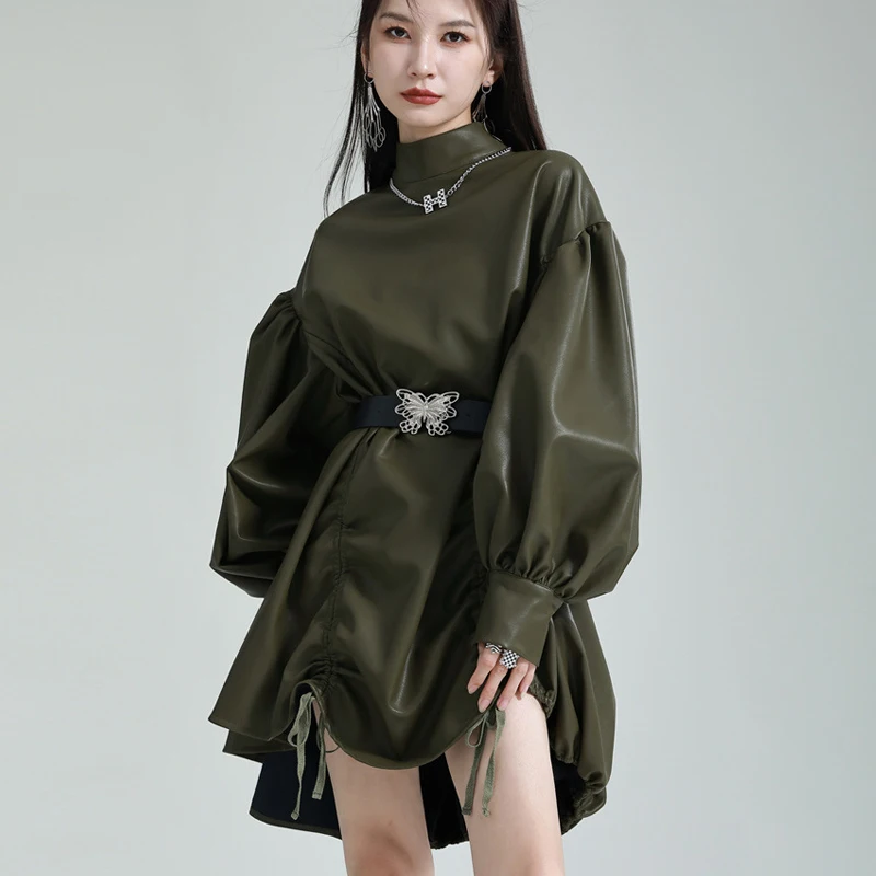 Johnature New Fashion Design Irregular Drawstring Stand Up Collar Cape Dresses 2024 Autumn Balloon Sleeve Puffy Dress